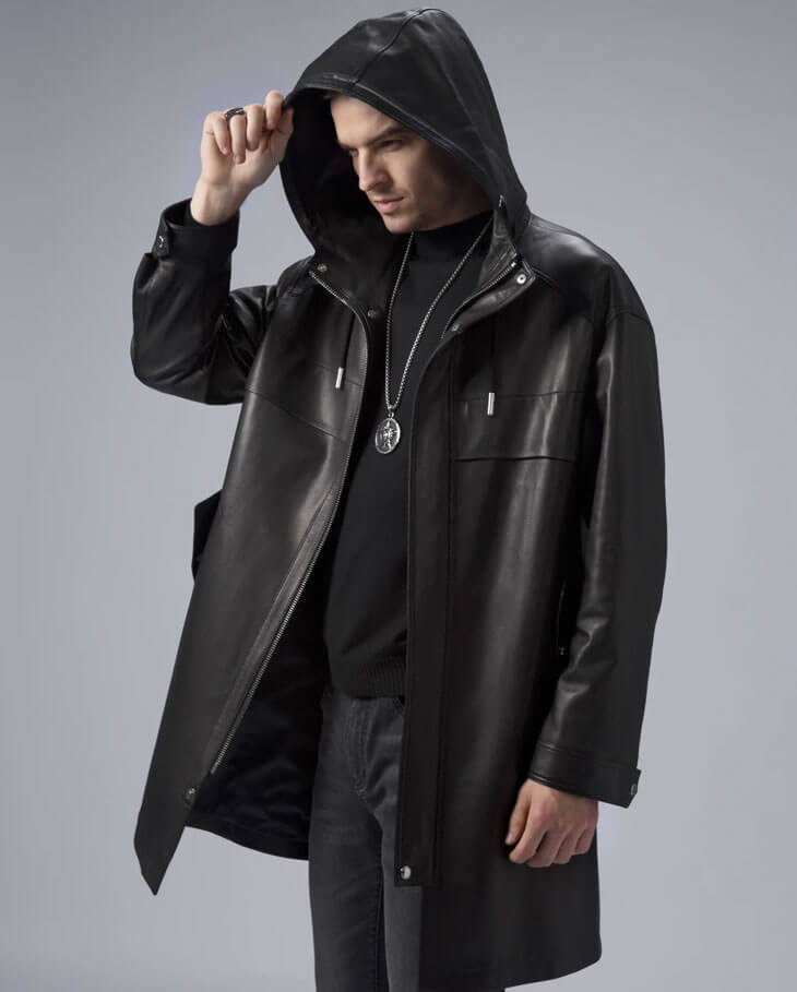 Men's Leather Jackets - Black Leather Trench Coat Men's Hooded Leather Duster Coat