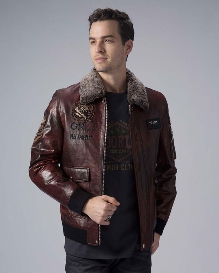 Men's Leather Jackets - Brown G-1 Navy Aviator Leather Bomber Jacket with Removable Fur Collar and winter