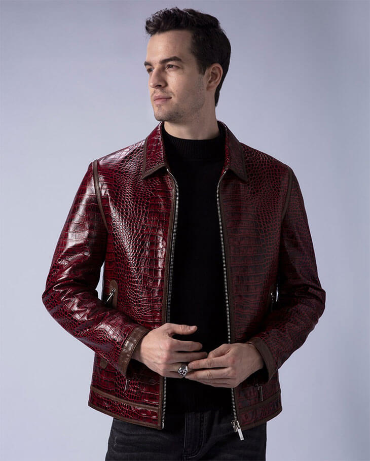 Men's Leather Jackets - Burgundy Red Crocodile Textured Genuine Leather Jacket Coat