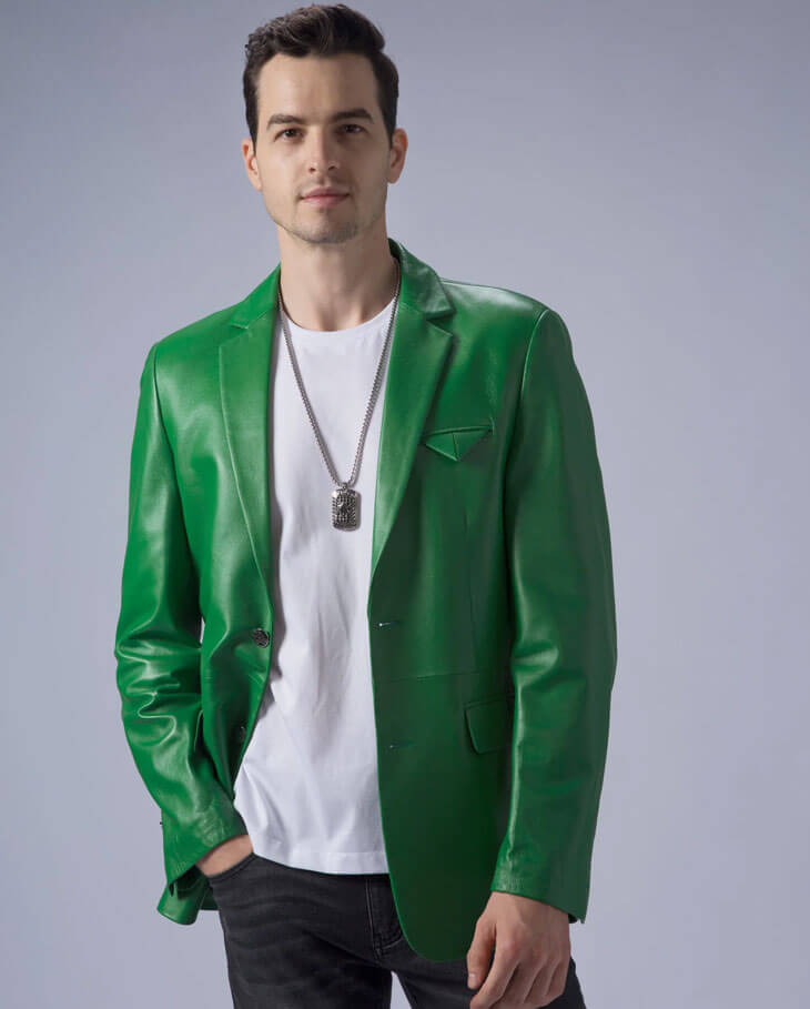 Men's Leather Jackets - Men's Green Lambskin Leather Blazer Coat